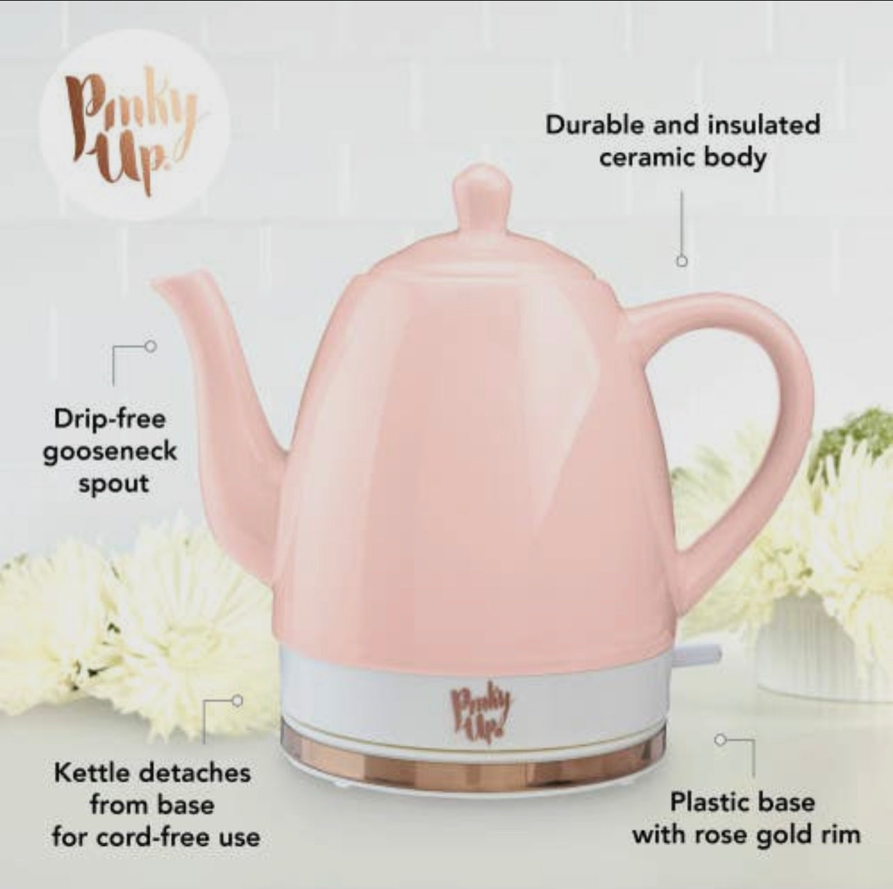 Noelle Pink Ceramic Electric Tea Kettle