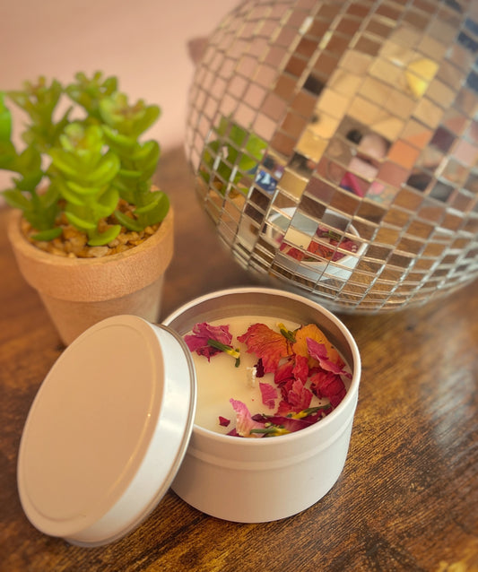 Return to Her | Ritual Candle | 4 oz Soy Wax candle in a tin | Topped with Rose Petals + Soft Pink Peonies | Small Batch + Sacredly Made